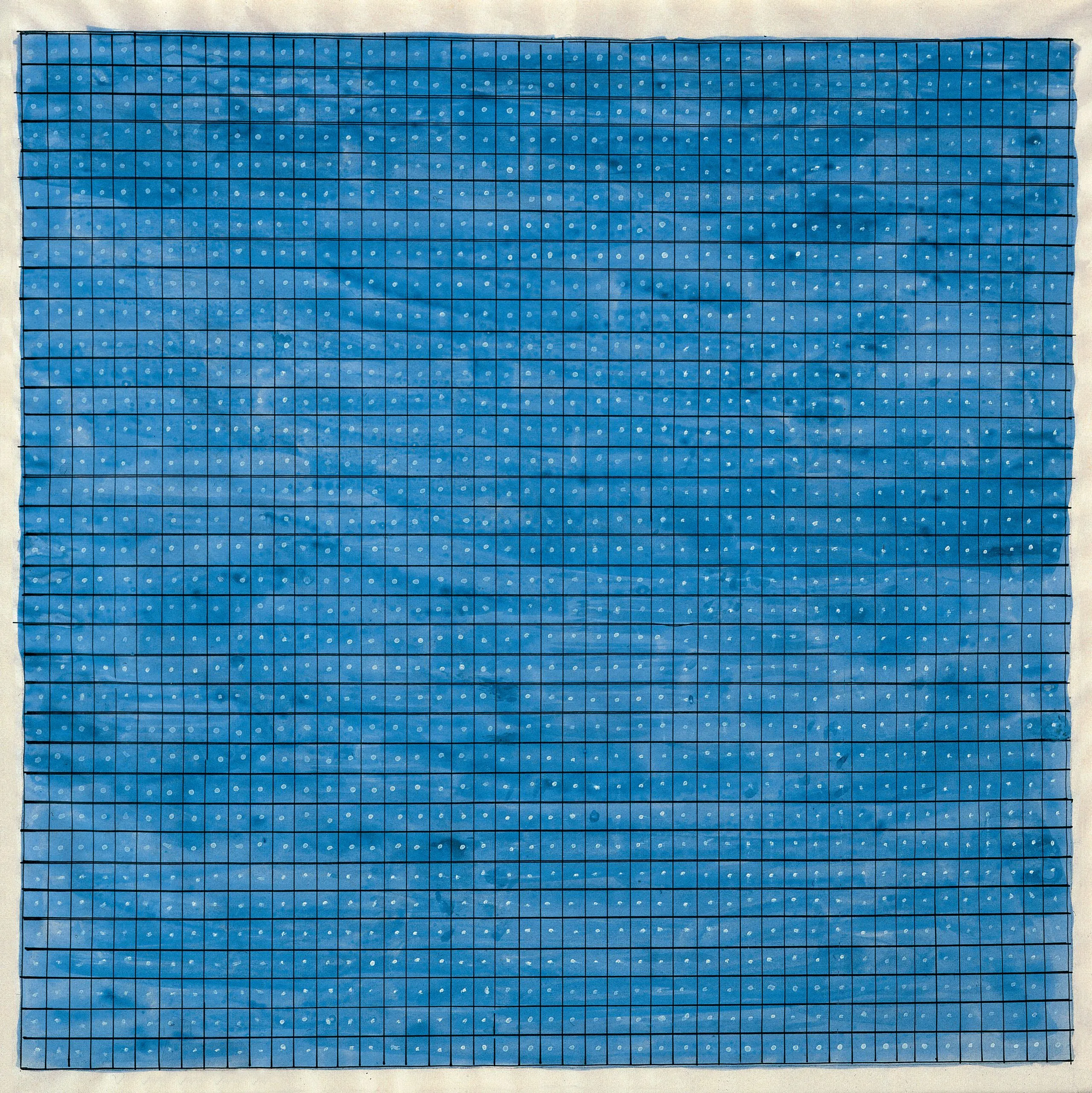 Agnes Martin, Summer (1964): a hand-ruled grid painted in blue on a pale square canvas