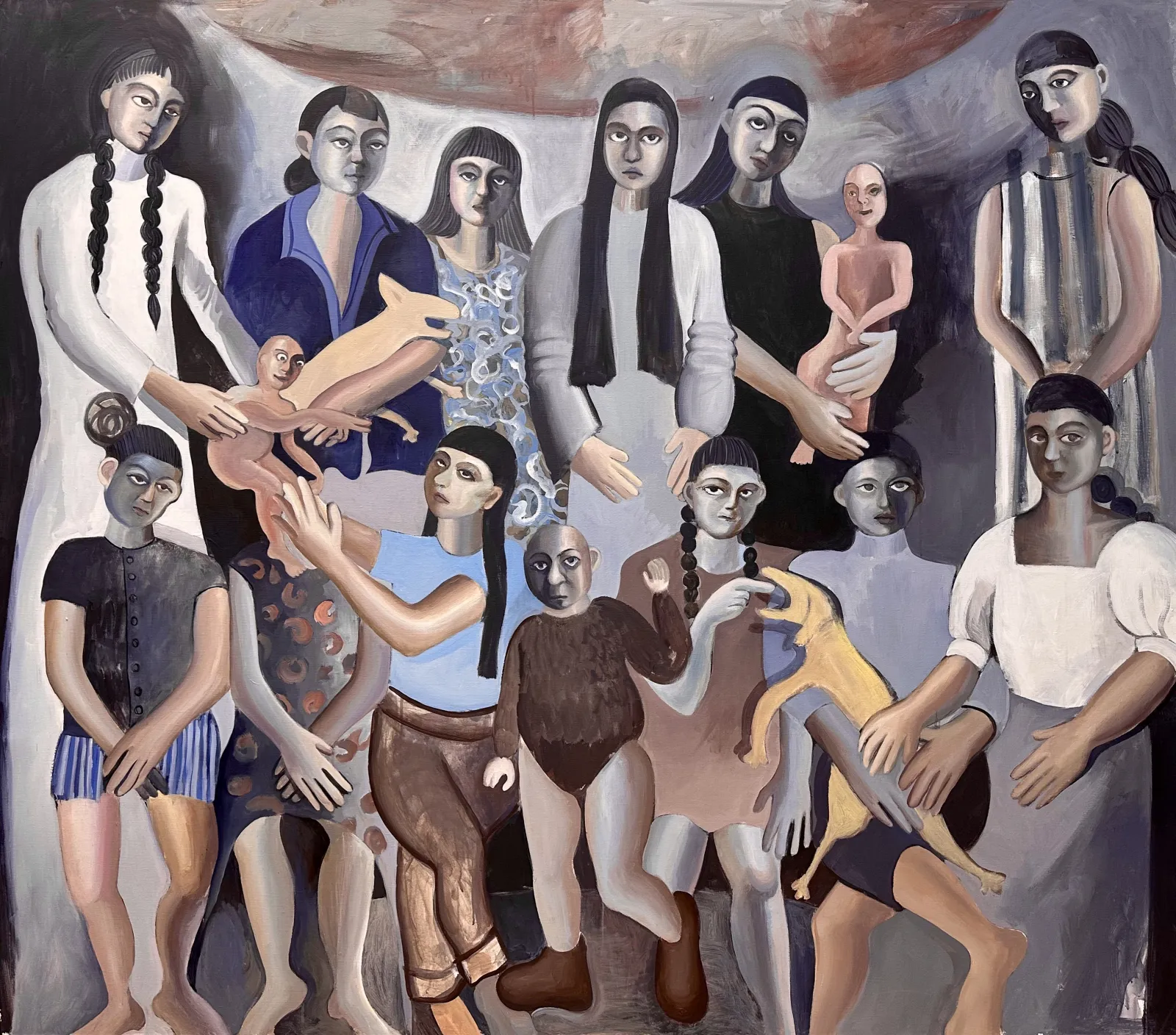 Painting titled Self Absorbed Family Portrait, a crowd of stylized figures