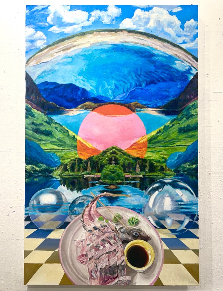 Surreal landscape painting with a plate of fish