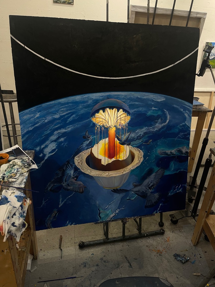 Large painting on an easel in the studio