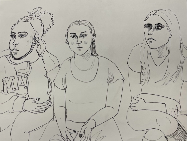 Ink sketch of three people sitting