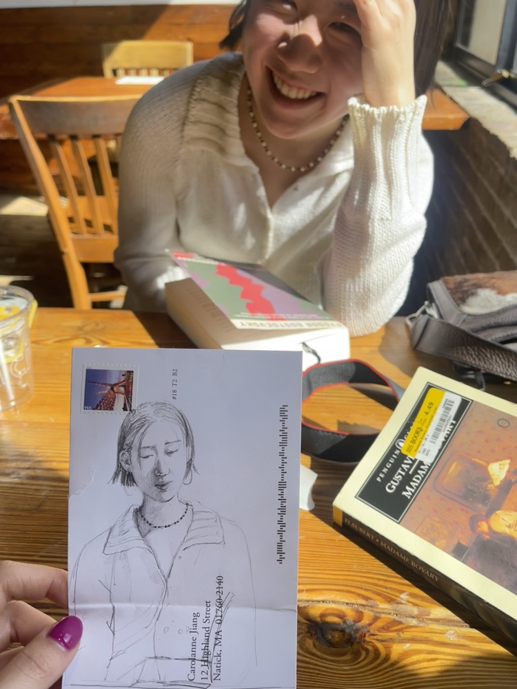 Portrait sketch drawn on a mailed envelope